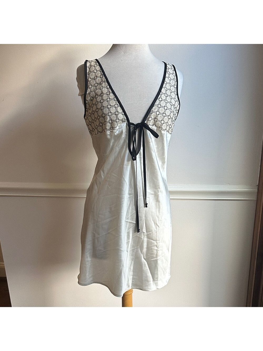Nasty Gal white Cream black lace satin mini dress #babydoll lace up Size 8 EUC